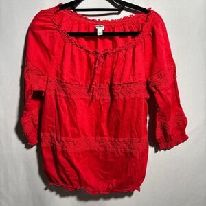 Old Navy Red Peasant Blouse Top Lace Trim Details 3/4 Sleeve Womens L